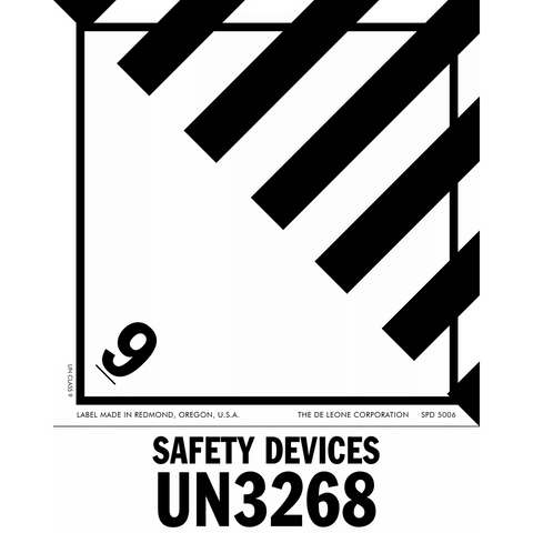 Black and white hazard placard showing UN3268 for Safety Devices.