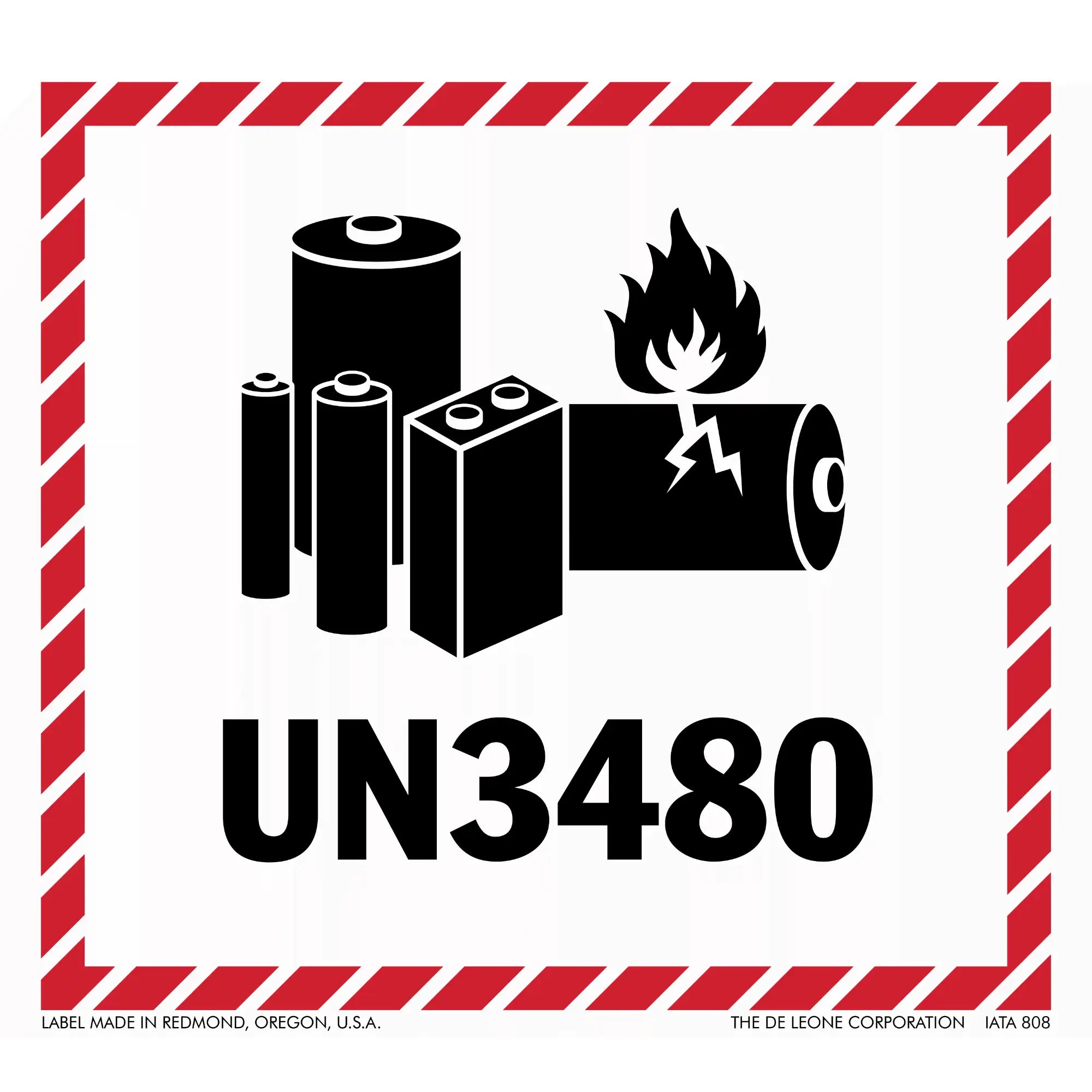 Warning label for lithium batteries with UN3480 hazard identification number and battery symbols.