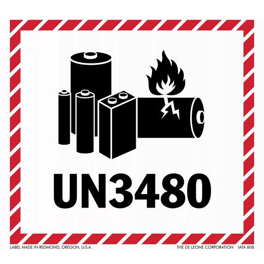 Warning label for lithium batteries with UN3480 hazard identification number and battery symbols.