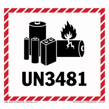 Warning label for lithium batteries with UN3481 hazard identification code.