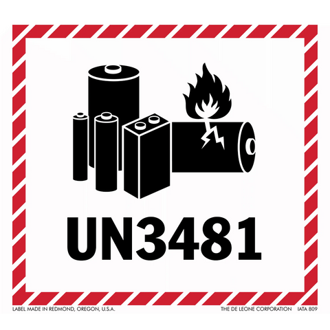 Warning label for lithium batteries with UN3481 hazard identification code.