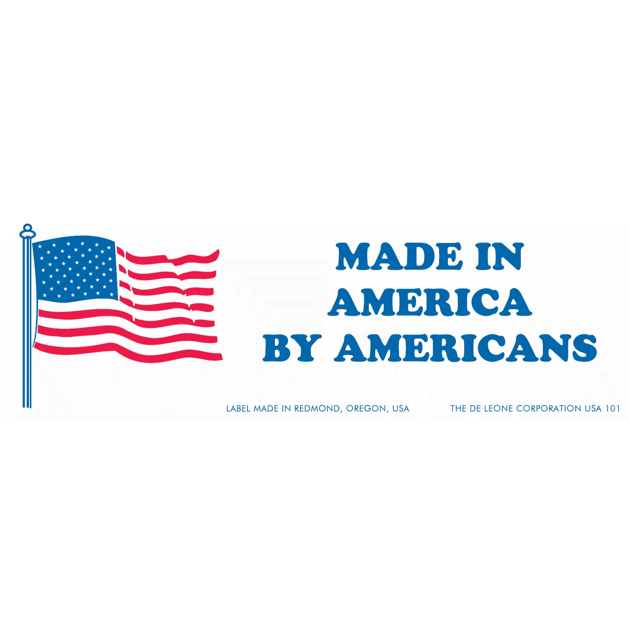 American flag with ’MADE IN AMERICA BY AMERICANS’ text in blue letters.