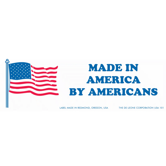 American flag with ’MADE IN AMERICA BY AMERICANS’ text in blue letters.