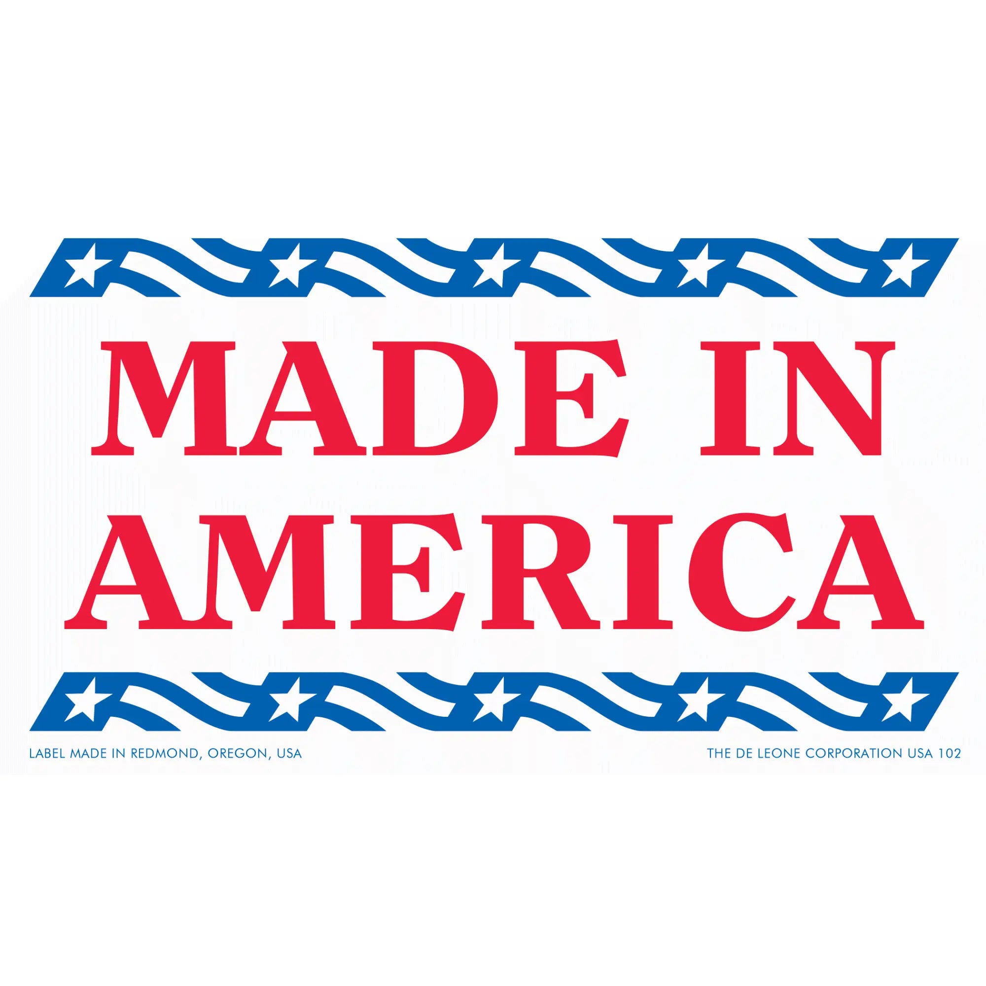 ’MADE IN AMERICA’ text with decorative star-striped borders in red and blue colors.