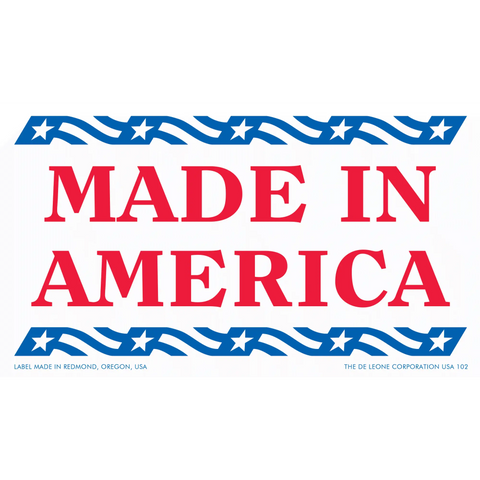 ’MADE IN AMERICA’ text with decorative star-striped borders in red and blue colors.