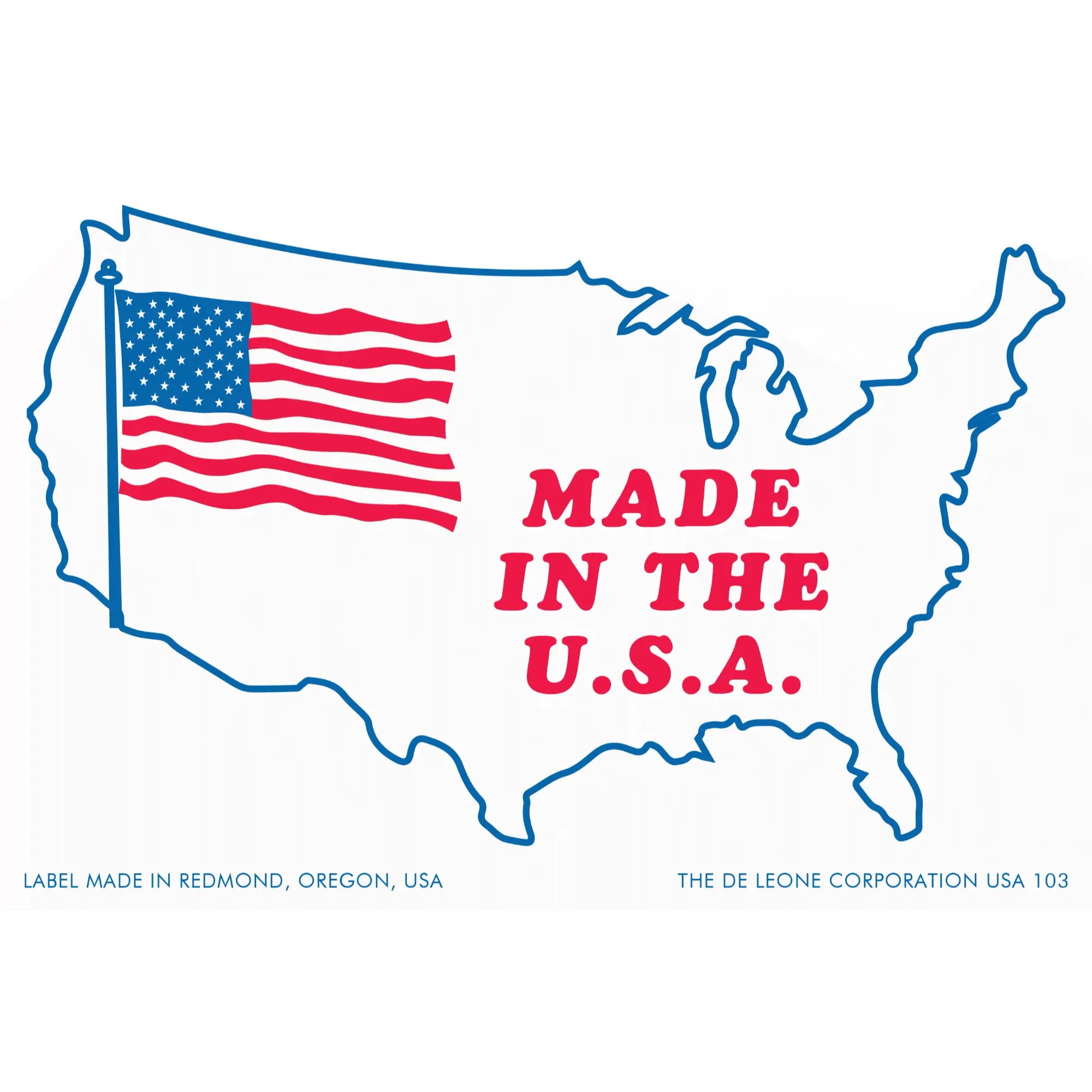Simple patriotic label showing an outline of the United States with an American flag and ’MADE IN THE U.S.A.’ text in red.