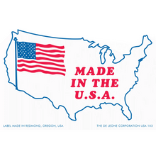 Simple patriotic label showing an outline of the United States with an American flag and ’MADE IN THE U.S.A.’ text in red.