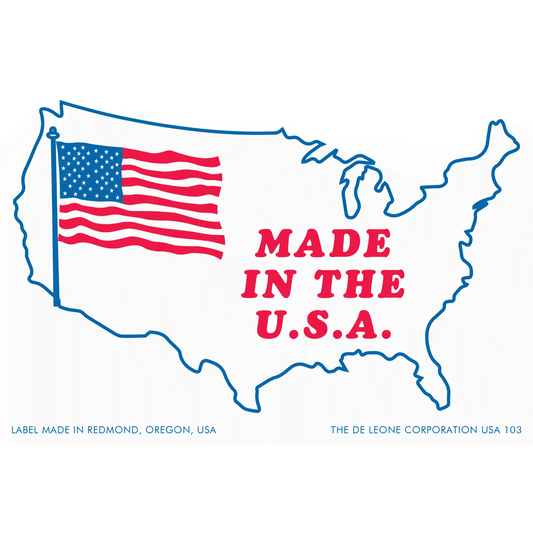 Simple patriotic label showing an outline of the United States with an American flag and ’MADE IN THE U.S.A.’ text in red.