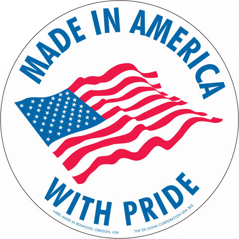 Circular ’Made in America with Pride’ logo featuring a waving American flag.