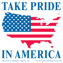 Patriotic graphic showing the United States map filled with American flag colors and patterns, with text reading ’TAKE PRIDE IN AMERICA’