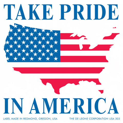 Patriotic graphic showing the United States map filled with American flag colors and patterns, with text reading ’TAKE PRIDE IN AMERICA’