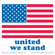 American flag with ’united we stand’ text in blue letters beneath it.