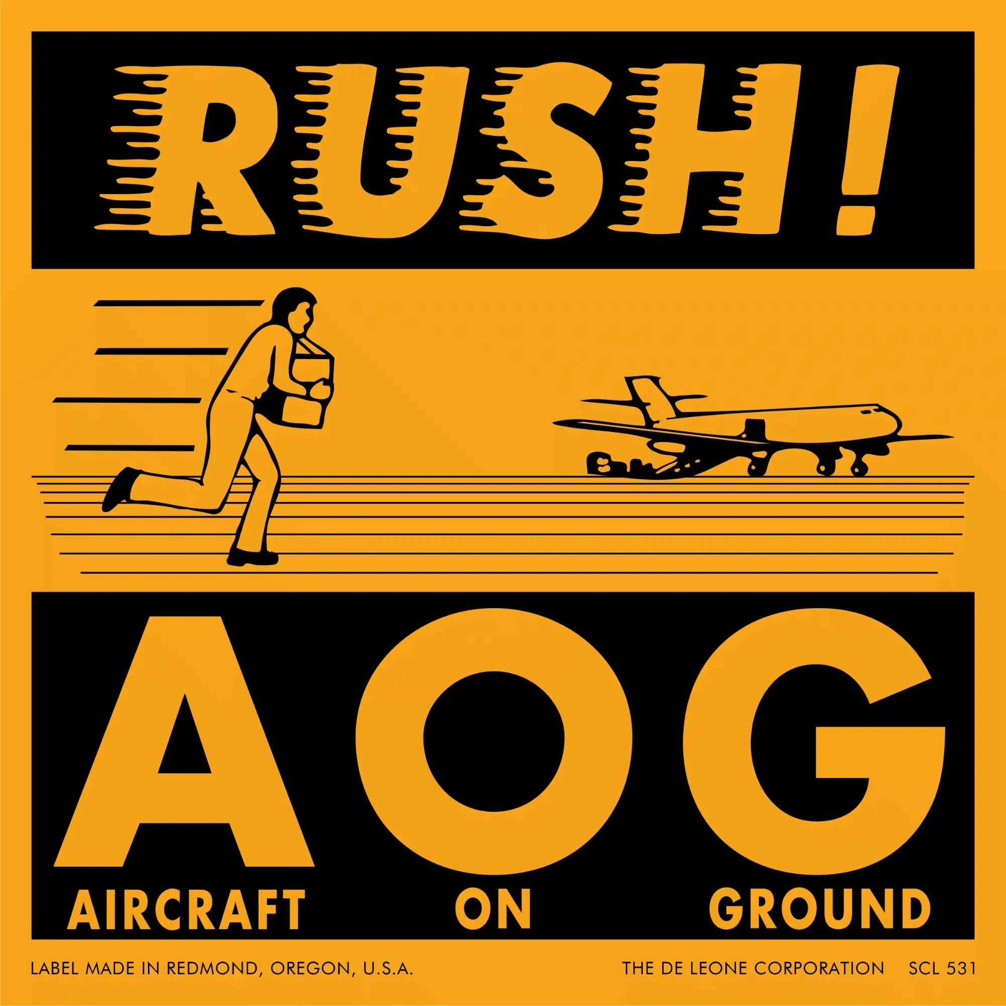 Vintage orange and black AOG (Aircraft On Ground) aviation warning label showing a running figure and airplane.