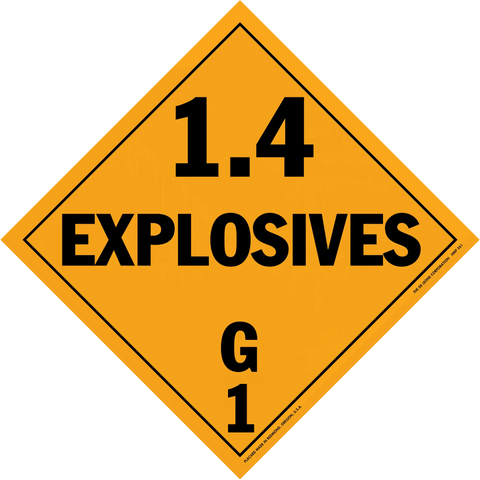 Orange diamond-shaped hazard placard displaying ’1.4 EXPLOSIVES G1’’ warning text.