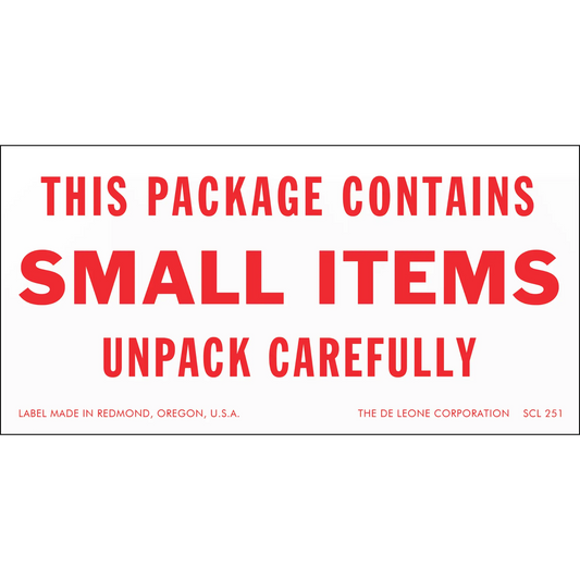 Warning label with red text stating ’THIS PACKAGE CONTAINS SMALL ITEMS UNPACK CAREFULLY’