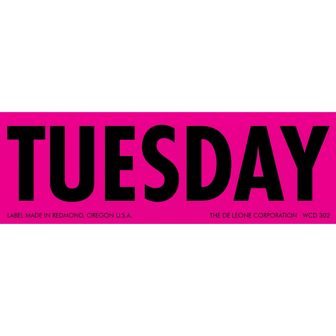 Bold black text spelling ’TUESDAY’ on a pink background.