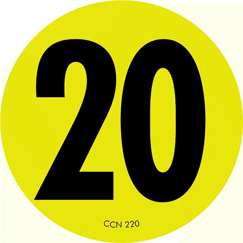 Black number 20 on a yellow circular background.