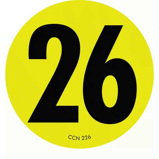 Black number 26 on a yellow circular background.