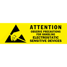 Yellow warning sign about handling electrostatic sensitive devices.