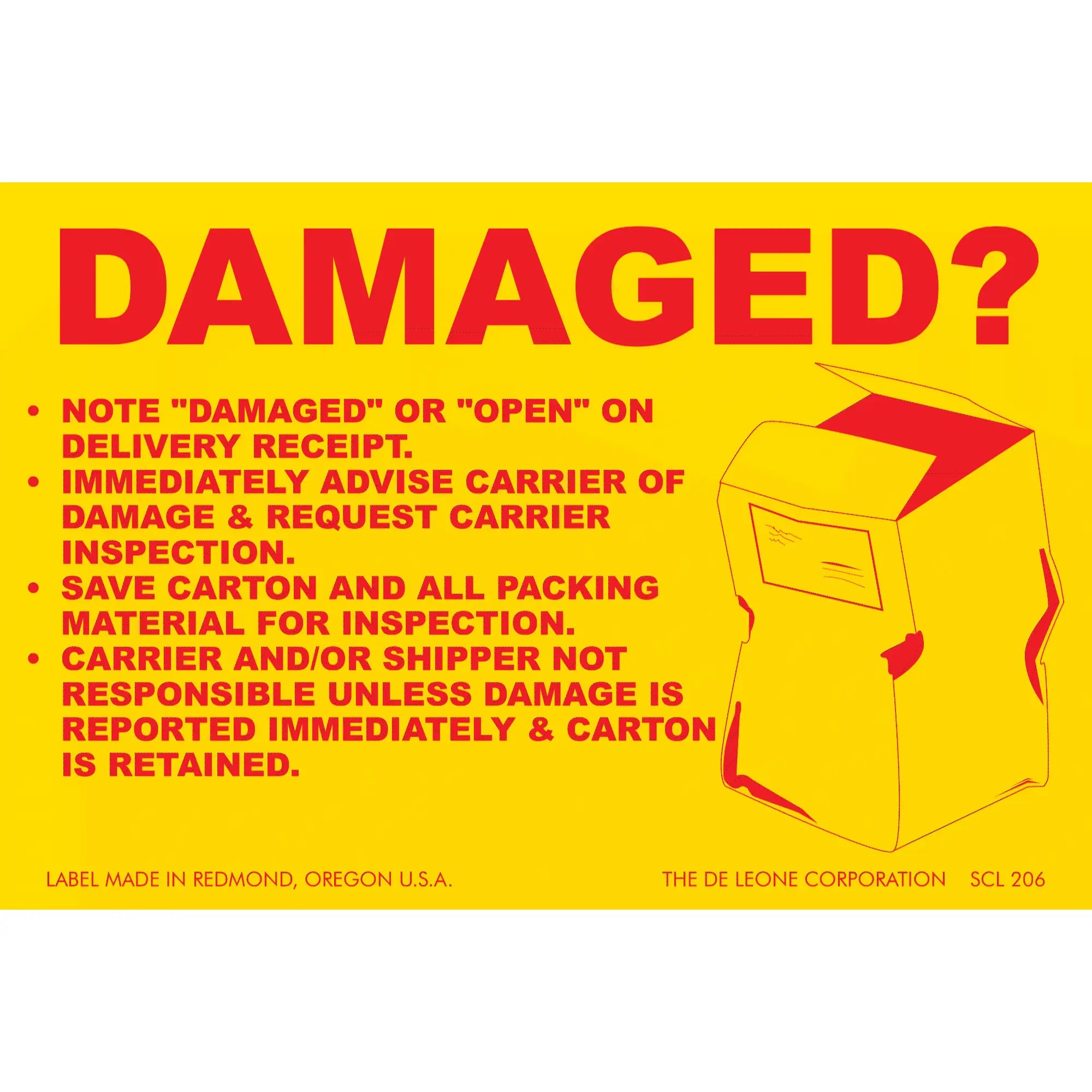 Yellow warning label with red text about damaged package inspection procedures.