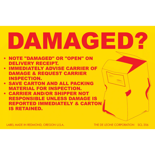 Yellow warning label with red text about damaged package inspection procedures.